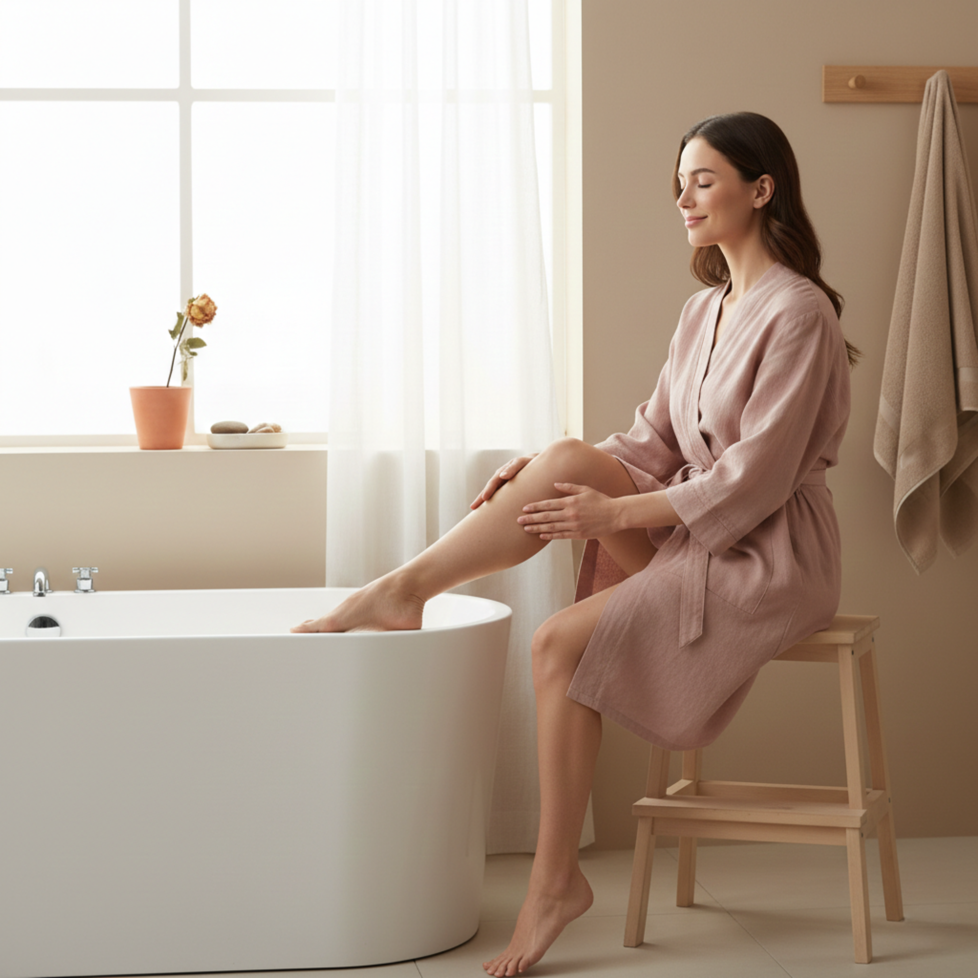 Vrouw zit ontspannen naast het bad en raakt haar gladde been aan in een rustige badkameromgeving