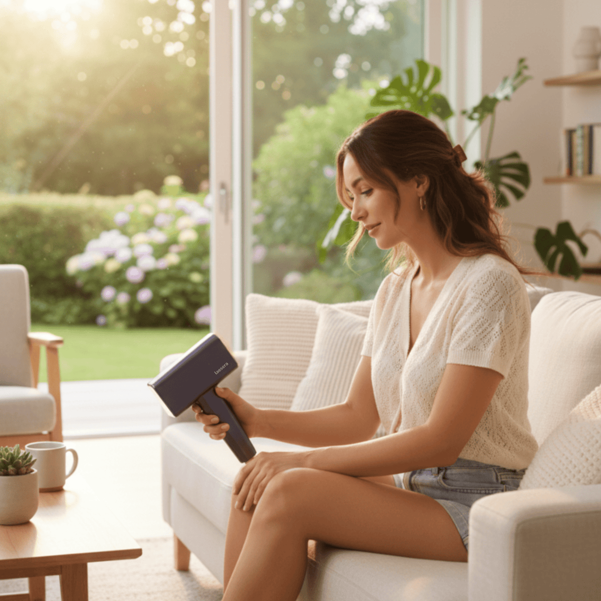 Vrouw zit op een bank in een zonnige woonkamer met de Nova One IPL op haar schoot