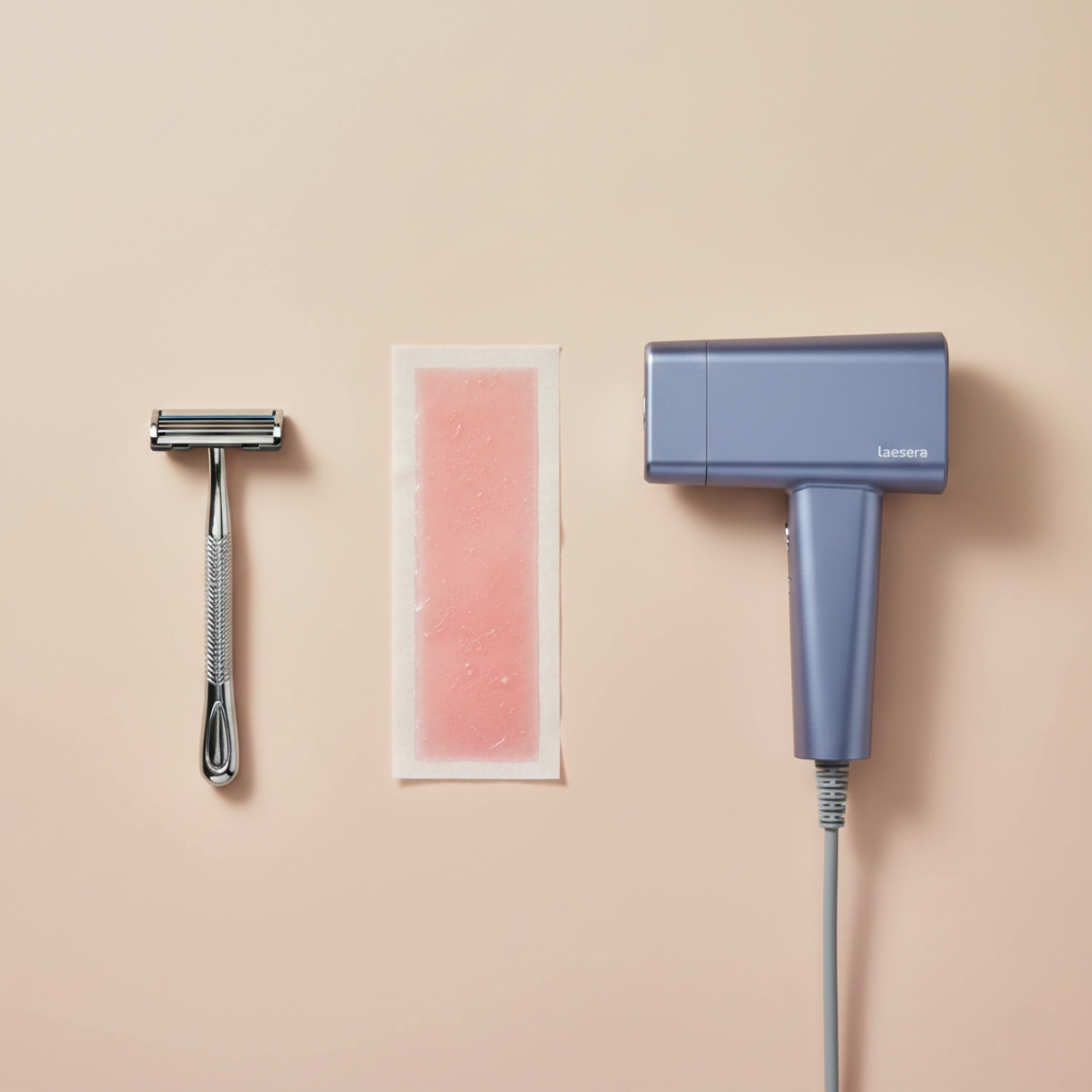 Vergelijking van ontharingsmethoden: scheermes, waxstrip en Laesera IPL-apparaat op een neutrale achtergrond