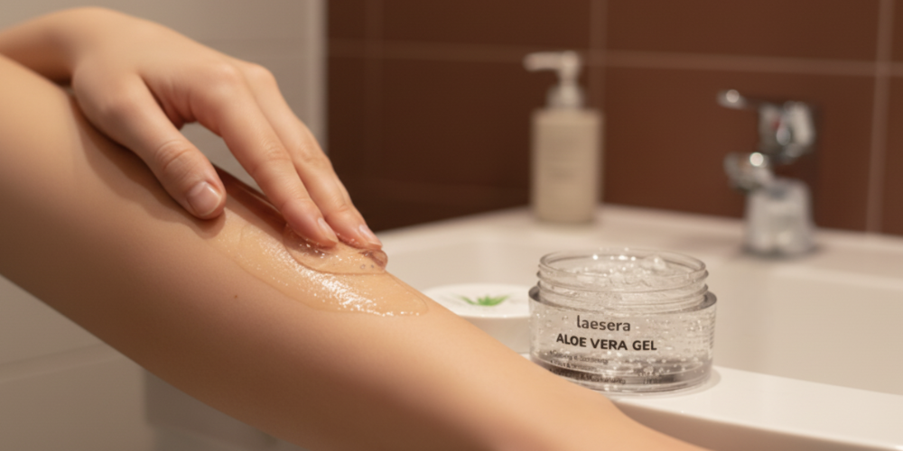 Vrouw bezig met aftercare met Laesera aloe vera gel na IPL behandeling