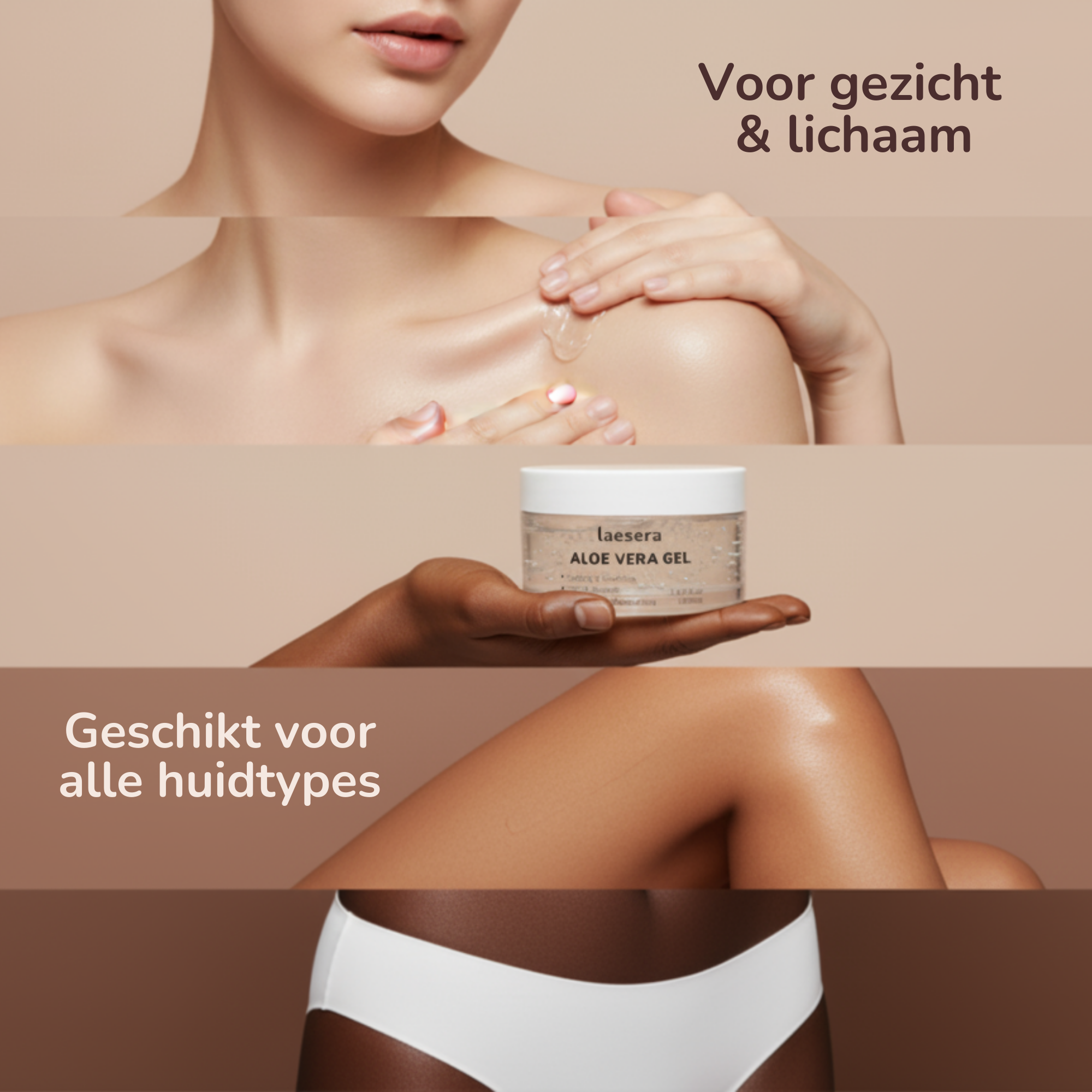 Collage van vrouwen die Laesera Aloe Vera Gel aanbrengen op gezicht en lichaam, geschikt voor alle huidtypes.