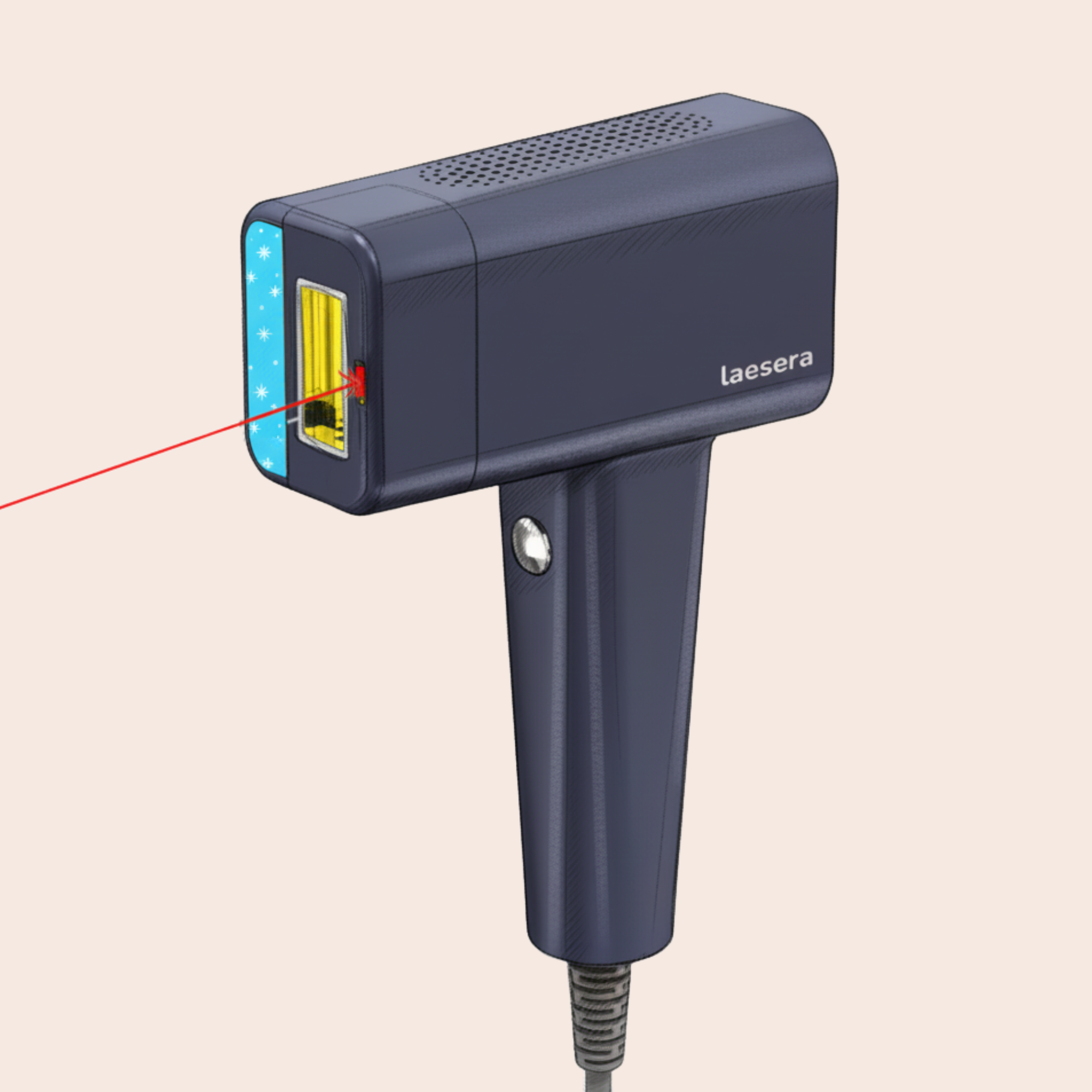 Een schematische, getekende weergave van het donkerblauwe Laesera IPL-ontharingsapparaat. Het apparaat heeft het logo 'Laesera' op de zijkant van de behuizing. Er is een rood lijntje getekend dat uit de flitsopening komt, wat de laser- of lichtstraal symboliseert. De flitsopening is geel en blauw gemarkeerd met sterretjes, wat de lichtflits weergeeft. Het apparaat heeft een handvat en een snoer aan de onderkant