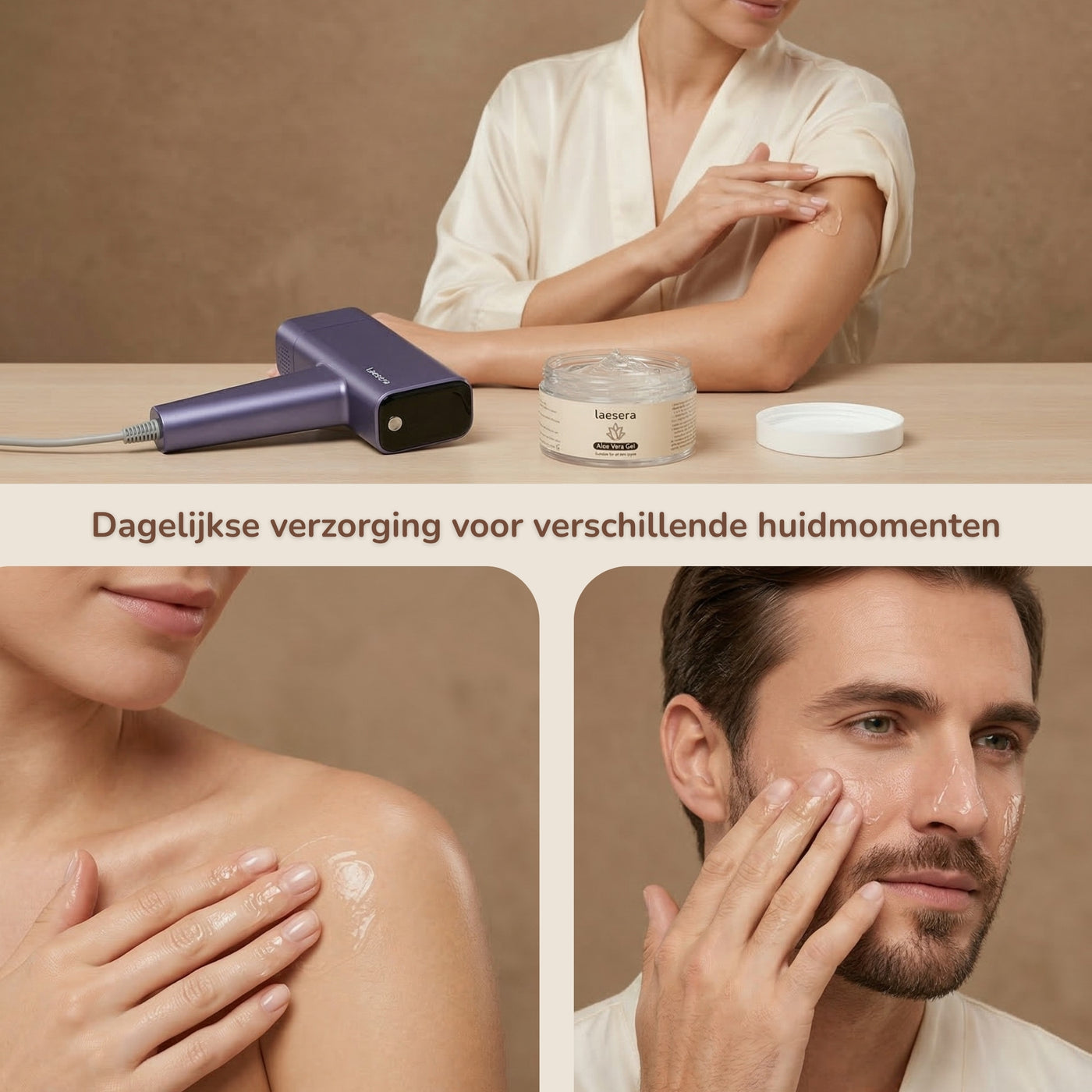 Gebruik van Laesera aloe vera gel voor dagelijkse huidverzorging op gezicht en lichaam