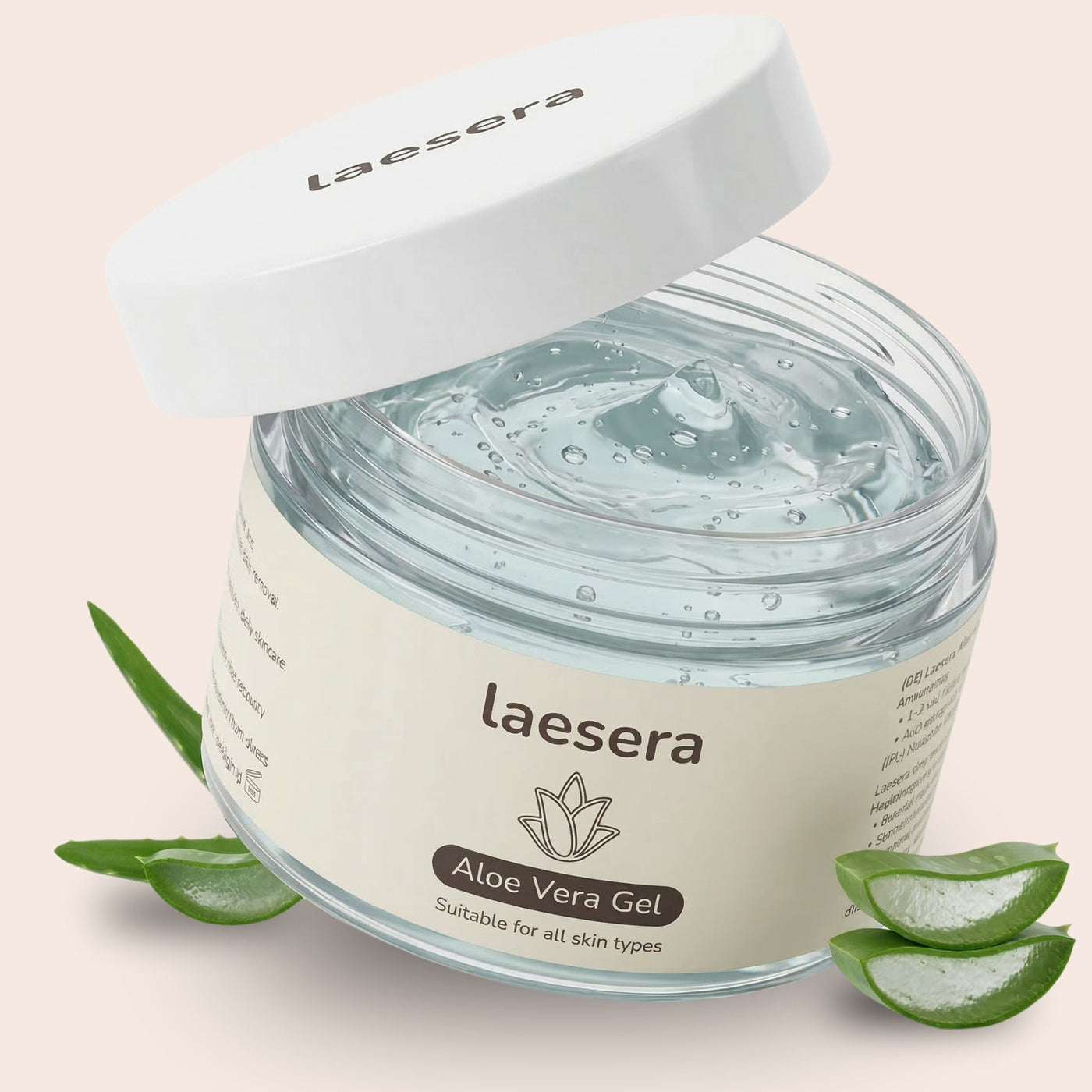 Afbeelding van de Laesera Aloë Vera Gel. Een geopende, transparante pot met een witte schroefdop en de bijbehorende witte merkverpakking. De heldere gel is zichtbaar in de pot, die gedecoreerd is met verse aloë vera bladeren. De verpakking vermeldt 'Suitable for all skin types' en 'Laesera' op een lichtbeige achtergrond.