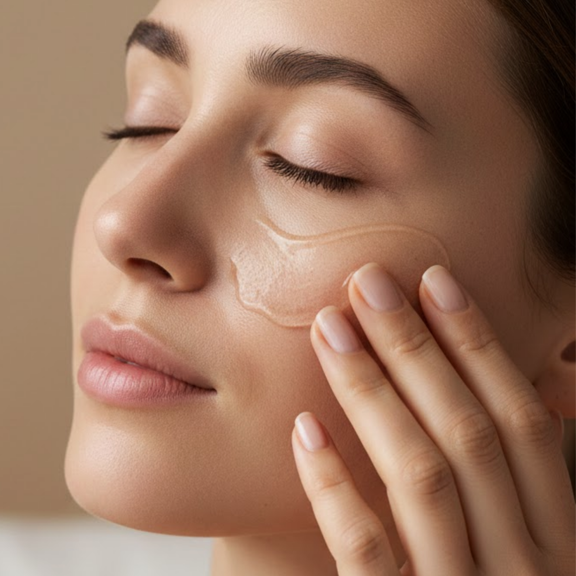 Vrouw brengt Laesera® Aloë Vera Gel aan op haar gezicht voor hydratatie en kalmering van de huid.