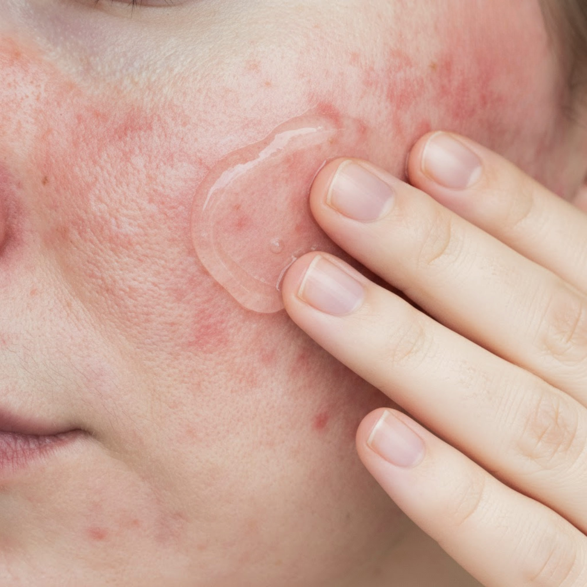 Close-up van een geïrriteerde, rode huid met zichtbare roodheid op de wang. Een hand brengt een transparante laag Laesera Aloë Vera Gel aan om de huid te kalmeren en te hydrateren.