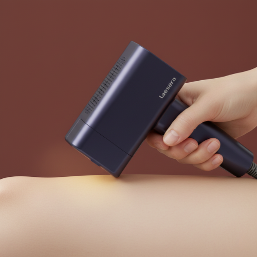 Laesera IPL-apparaat tijdens behandeling – close-up van een bedraad IPL-ontharingsapparaat in contact met de huid, gecontroleerde flitsbehandeling voor veilig thuisgebruik.