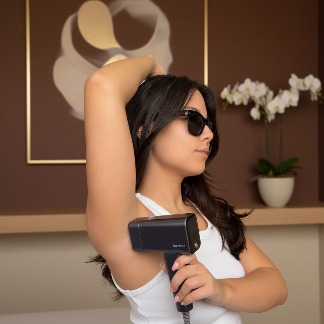 Laesera IPL-apparaat – vrouw behandelt haar oksel met een bedraad IPL-ontharingsapparaat, draagt beschermende bril, geschikt voor oksels en thuisgebruik, veilige en gecontroleerde toepassing.
