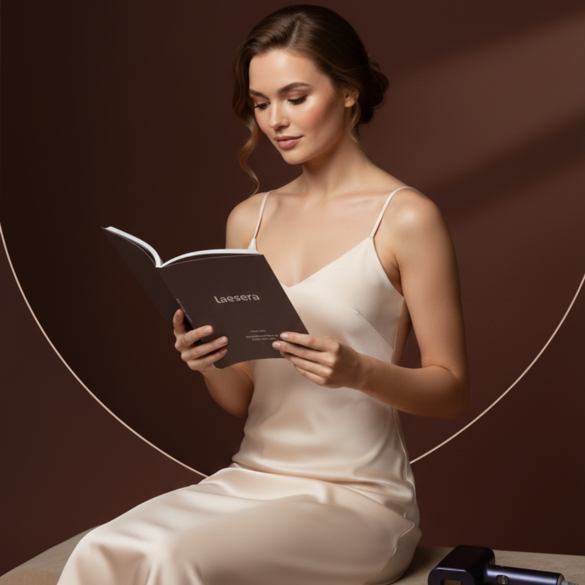 Vrouw in rustige setting leest een Laesera handleiding, lifestylebeeld dat zorgvuldige en bewuste productervaring met Laesera IPL uitstraalt.