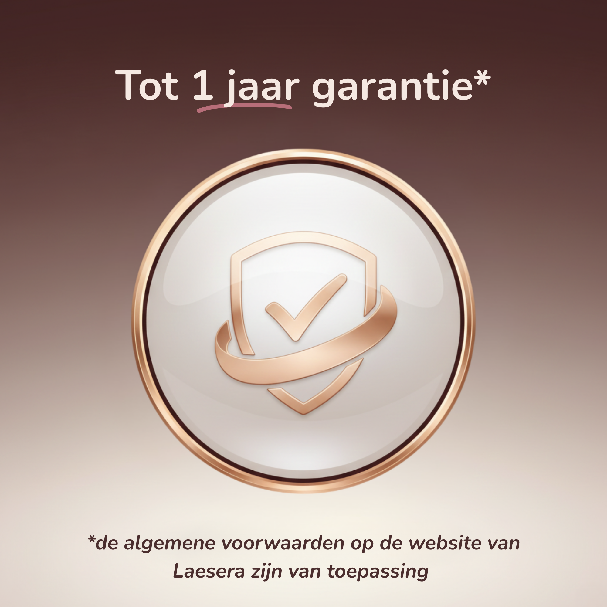 Garantie Laesera Nova One IPL – visuele badge met schild en vinkje, tekst: tot 1 jaar garantie op het IPL-apparaat, voorwaarden van toepassing.