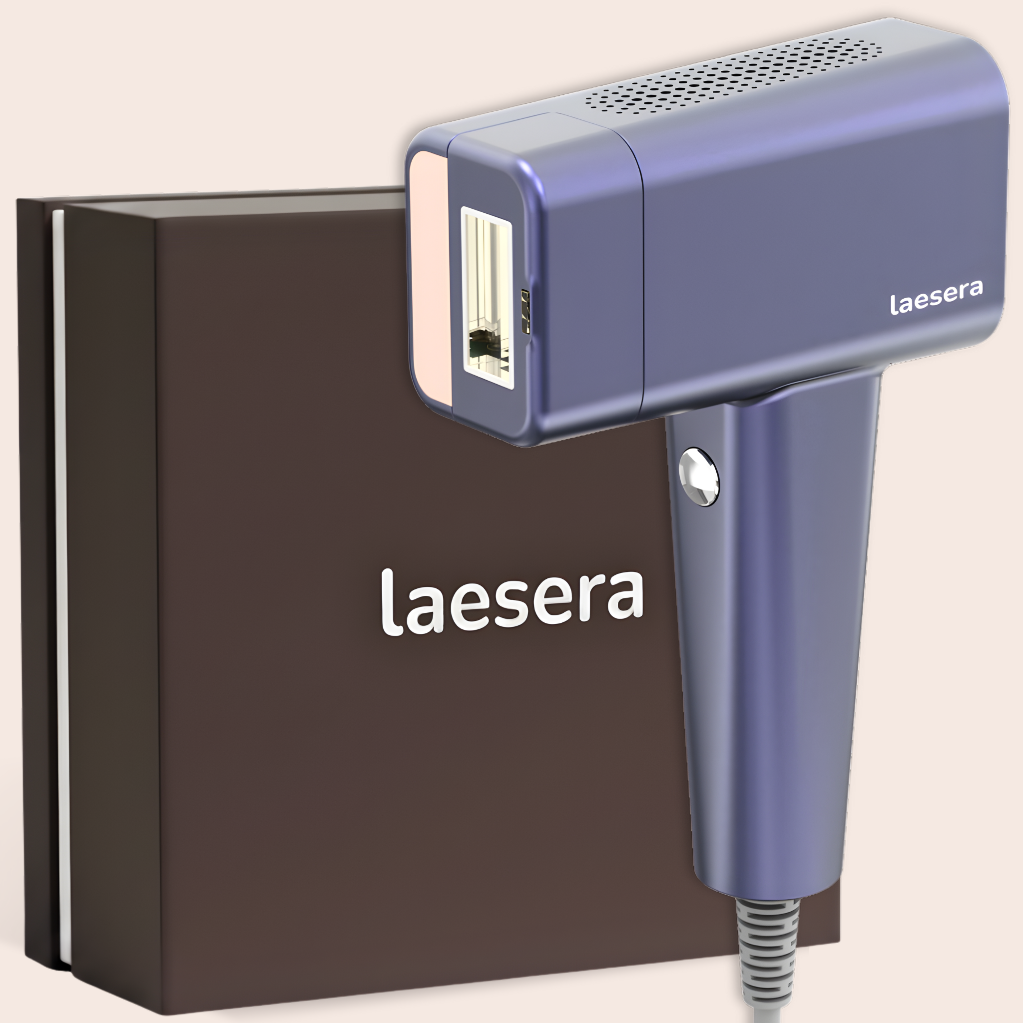 Laesera Nova One IPL apparaat met bijbehorende premium bruine verpakking met merklogo, voor een luxe ontharingservaring met koelfunctie.