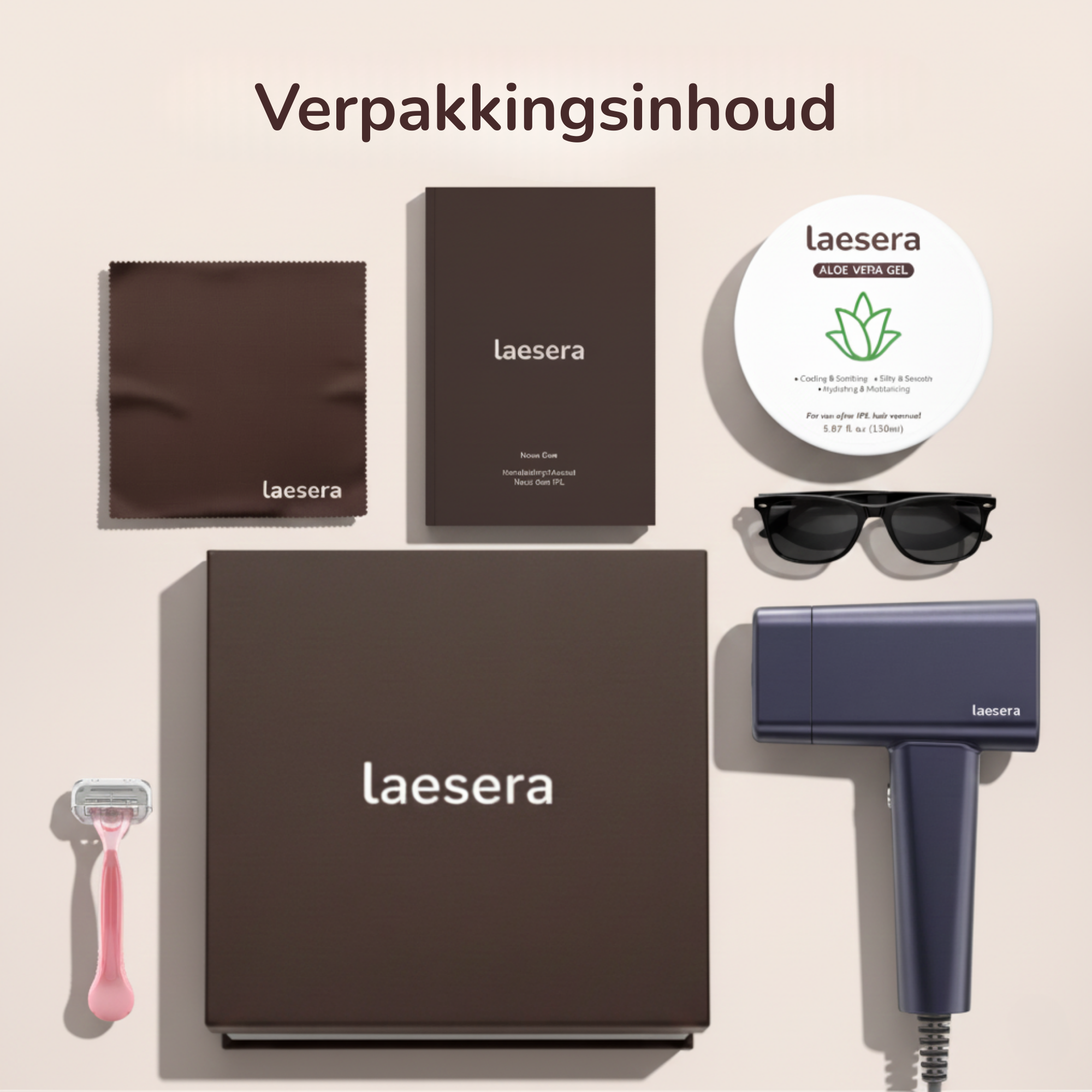 Verpakkingsinhoud Laesera Nova One IPL – doos met IPL-apparaat, beschermbril, scheermes, Aloe Vera Gel, handleiding en reinigingsdoekje, compleet voor veilig thuisgebruik.