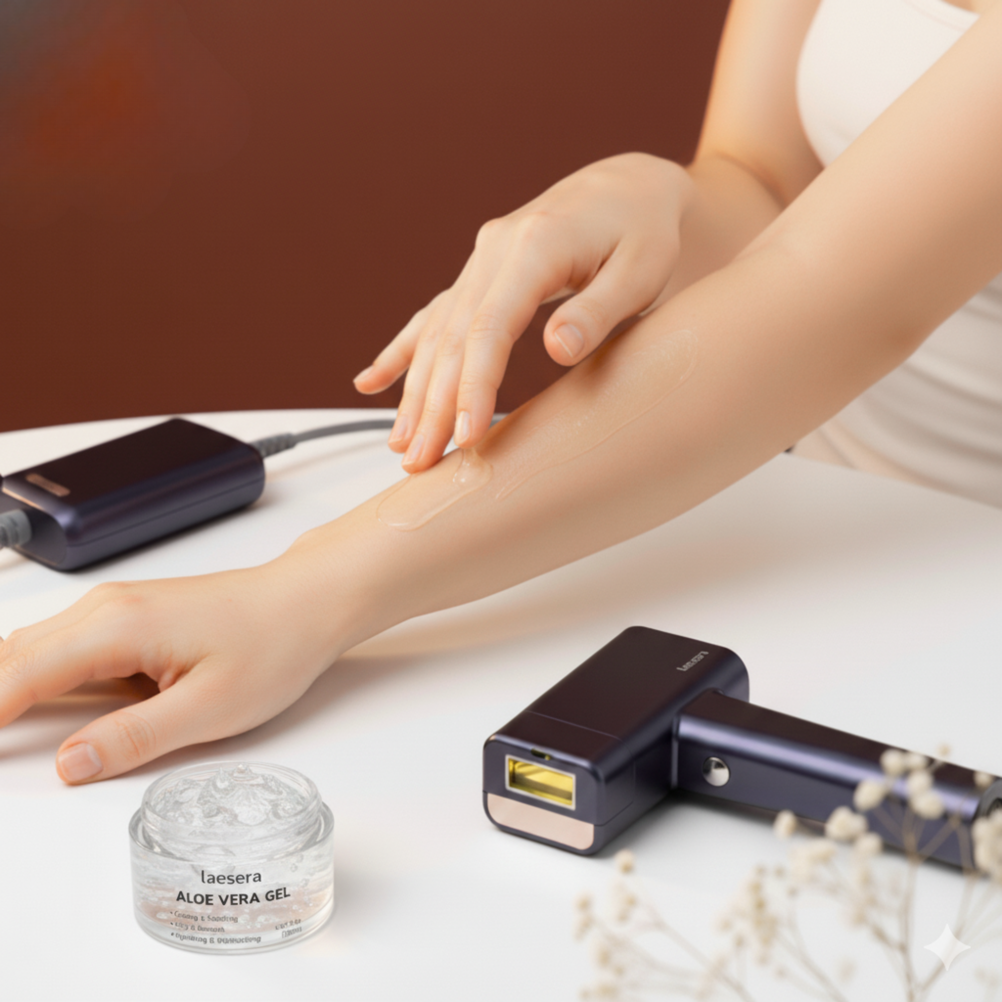 Vrouw smeert aloe vera in a IPL behandeling. Ze gebruikt de aloe vera gel van Laesera.