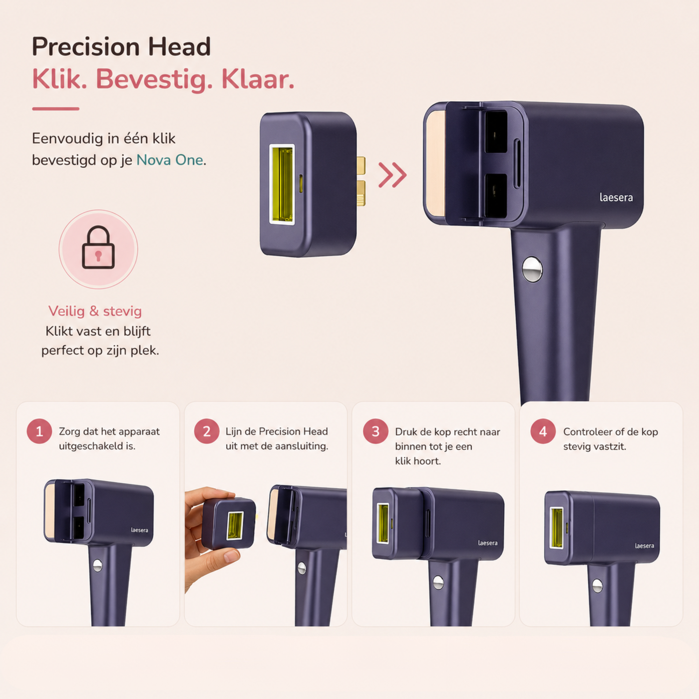 Stapsgewijze installatie van de Precision Head op de Nova One IPL met klikbevestiging voor nauwkeurige ontharingsbehandelingen