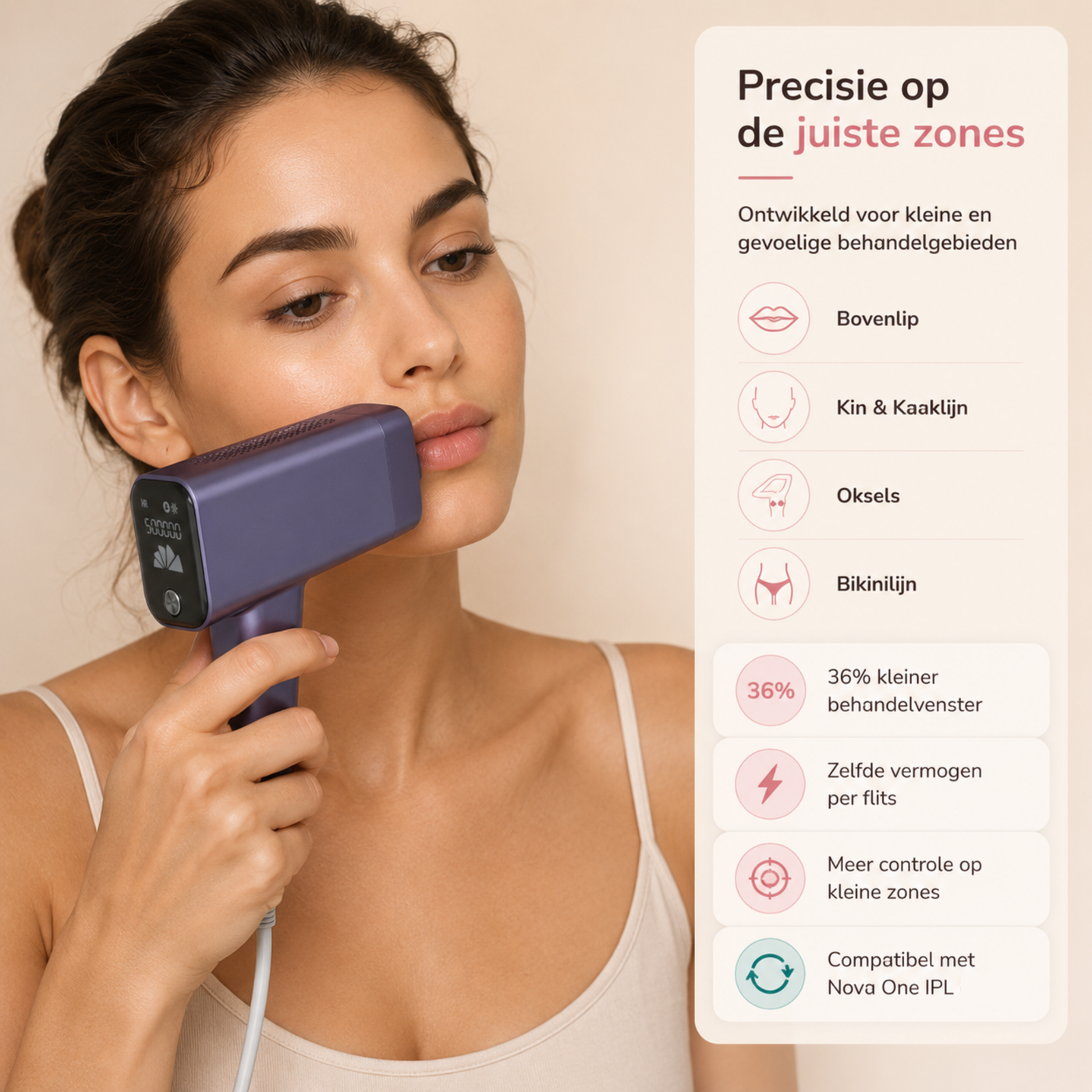 Vrouw gebruikt de Precision Head opzetkop van de Nova One IPL voor nauwkeurige ontharing van de bovenlip en andere kleine, gevoelige zones