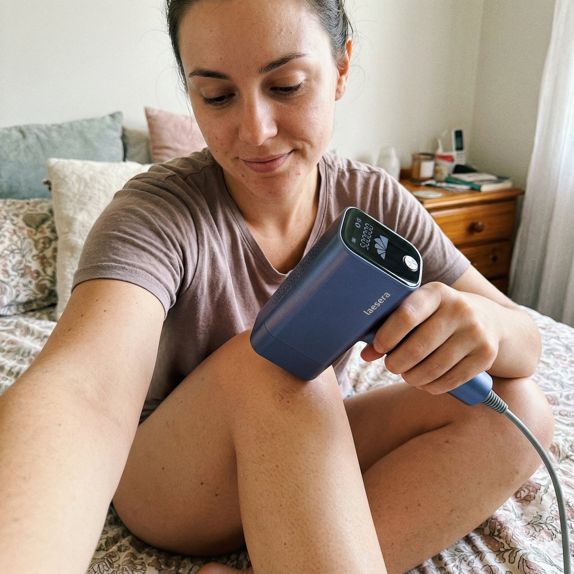 Vrouw gebruikt het Nova One IPL laserontharing apparaat van Laesera thuis in slaapkamer