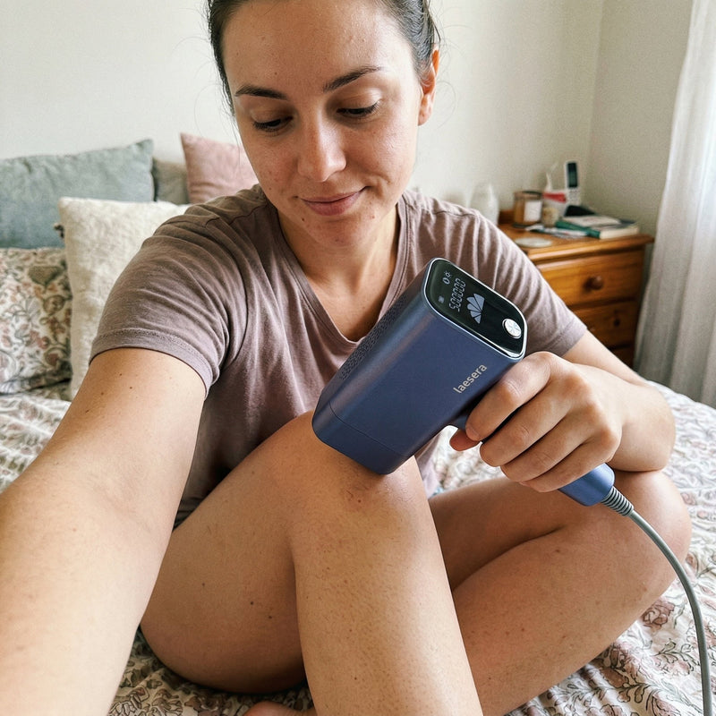 Vrouw gebruikt het Nova One IPL laserontharing apparaat van Laesera thuis in slaapkamer