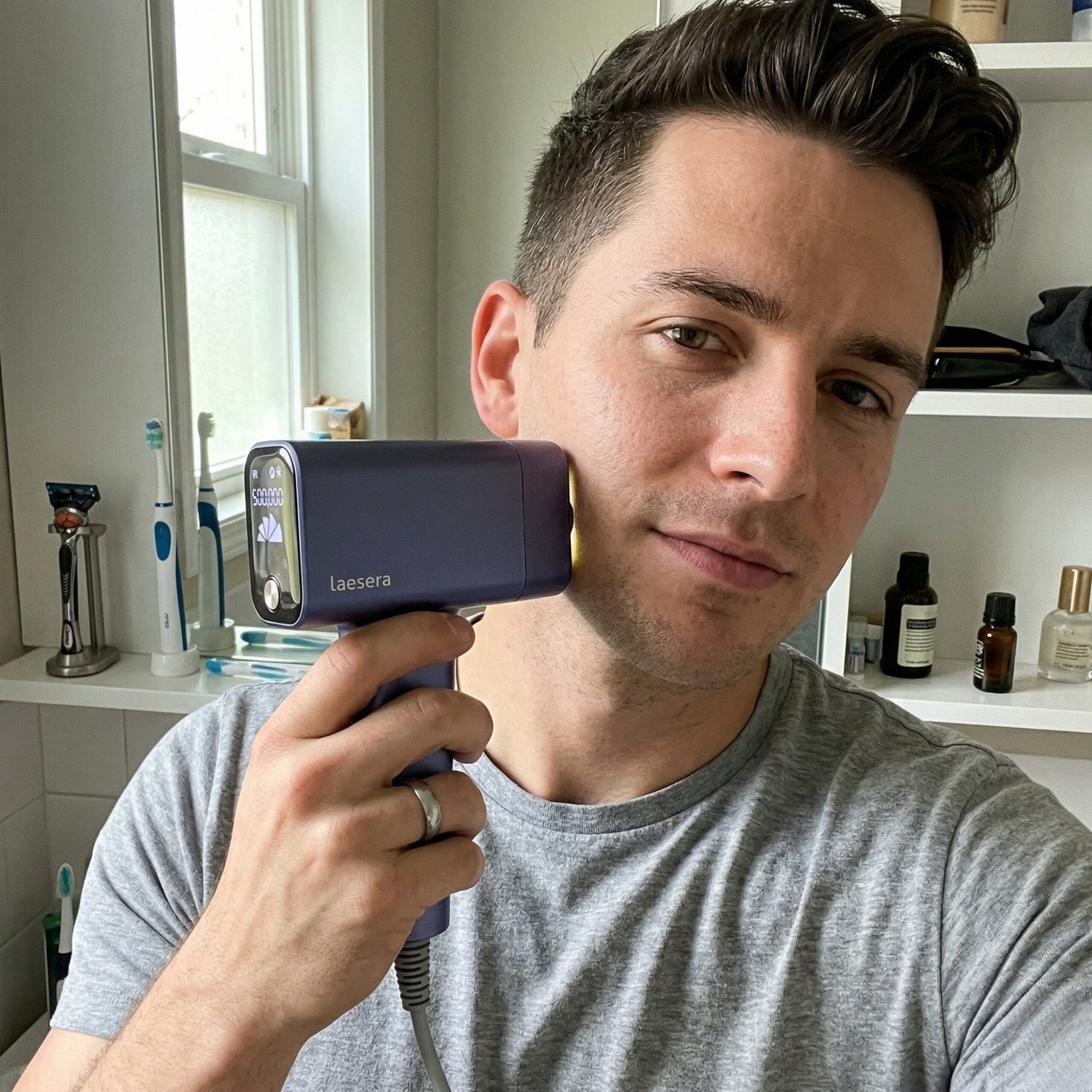 Man gebruikt het Nova One IPL laserontharing apparaat van Laesera thuis in badkamer