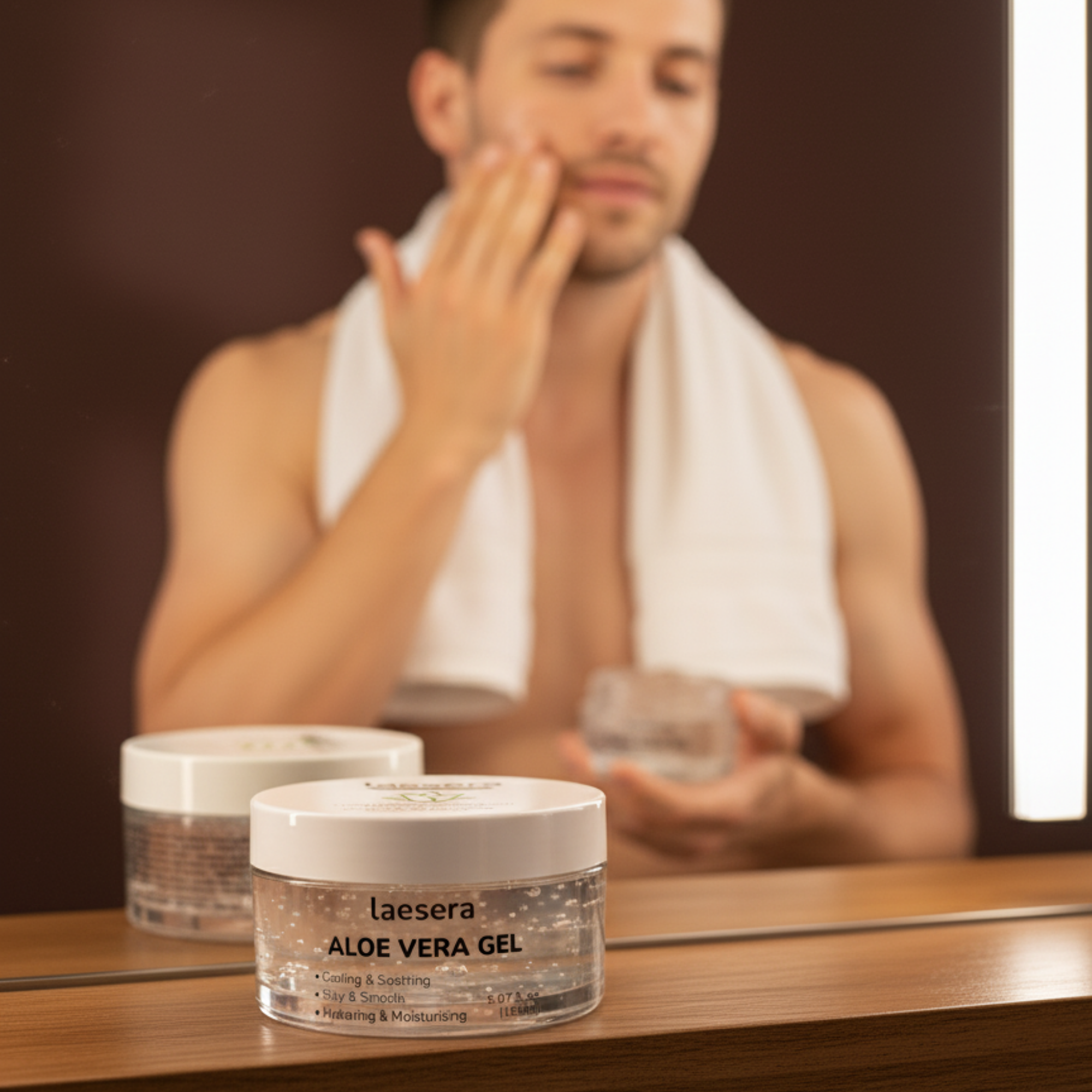 en close-up van een pot Laesera Aloë Vera Gel op een houten badkamerplank. Op de achtergrond, wazig en weerspiegeld in een spiegel, is een man te zien met een witte handdoek om zijn nek die de gel op zijn gezicht aanbrengt. De voorkant van de pot toont de tekst 'laesera ALOE VERA GEL' en de voordelen 'Cooling & Soothing', 'Silky & Smooth' en 'Hydrating & Moisturising.