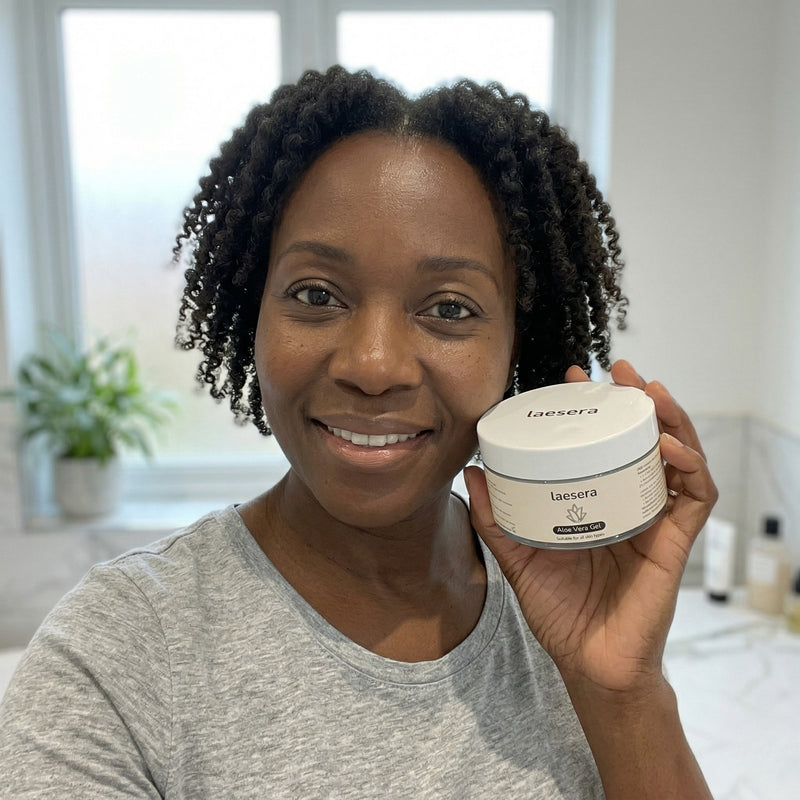 Een tevreden donkere vrouw met natuurlijk krullend haar toont de Laesera Aloë Vera Gel pot dichtbij haar gezicht, waarmee ze de geschiktheid voor alle huidtypes benadrukt, inclusief de gevoelige huid.