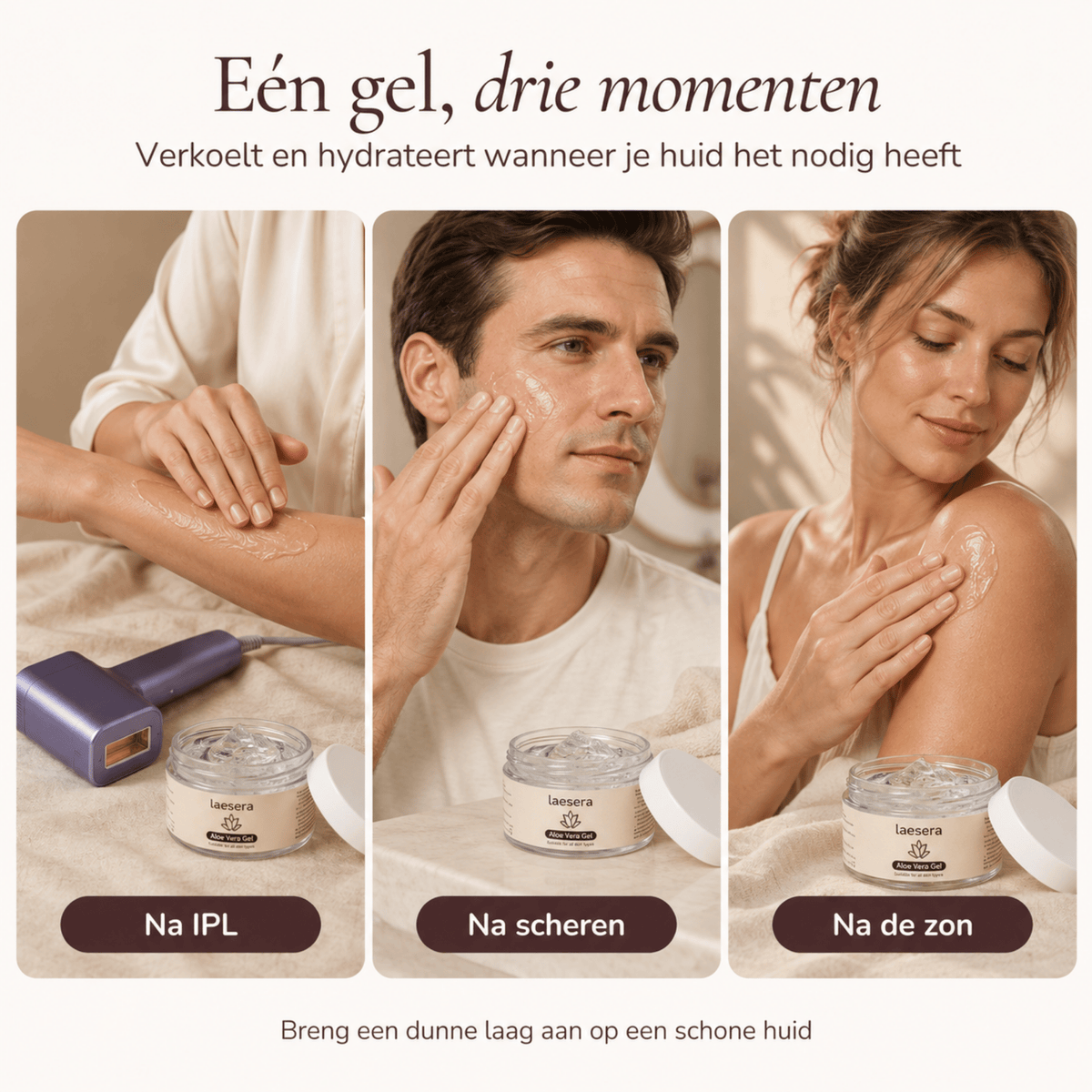 Drie toepassingen van Laesera Aloë Vera Gel: aanbrengen op arm na IPL, op wang na scheren en op schouder na de zon