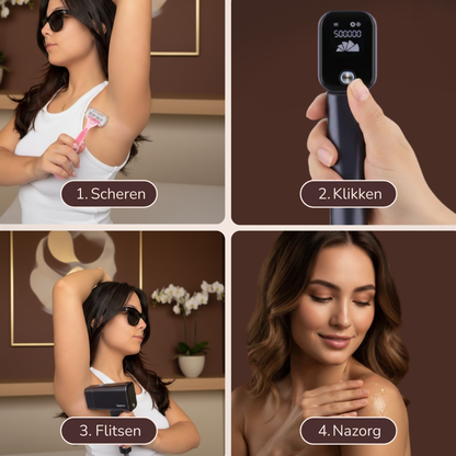 Stappenplan IPL-ontharing Laesera Nova One – vier stappen in beeld: 1. scheren van de oksel, 2. klikken op het IPL-apparaat, 3. flitsen met Laesera IPL, 4. nazorg met verzorgende gel, veilig en effectief thuisgebruik.