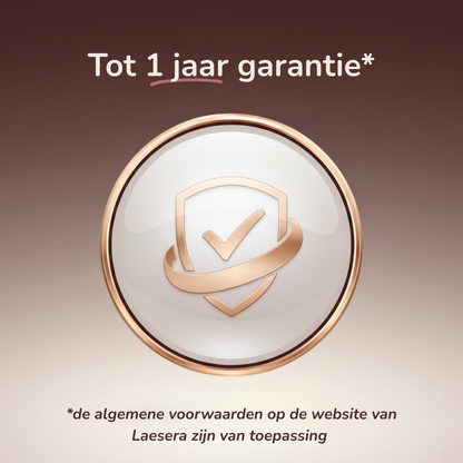 Garantie Laesera Nova One IPL – visuele badge met schild en vinkje, tekst: tot 1 jaar garantie op het IPL-apparaat, voorwaarden van toepassing.