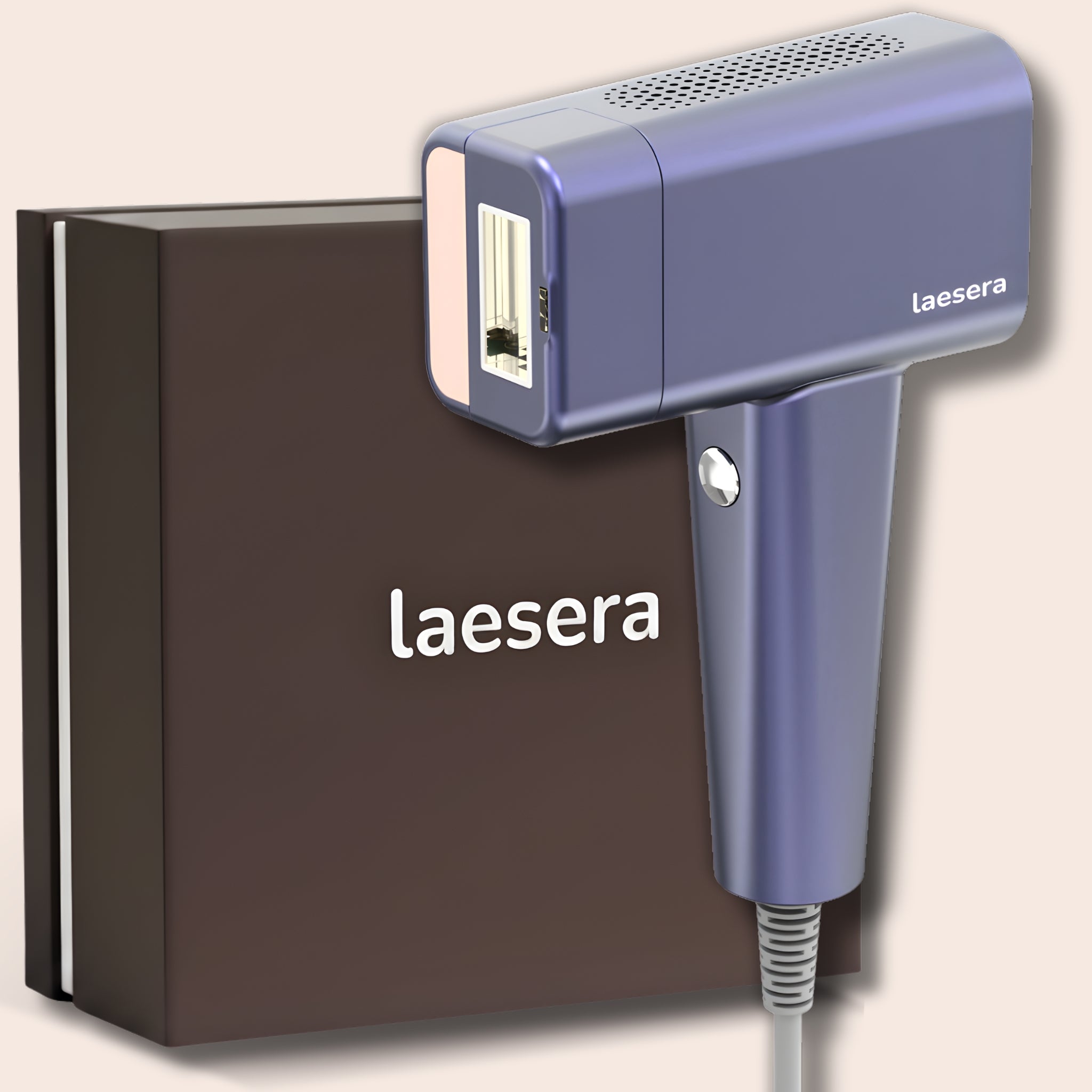 Laesera Nova One IPL apparaat met bijbehorende premium bruine verpakking met merklogo, voor een luxe ontharingservaring met koelfunctie.