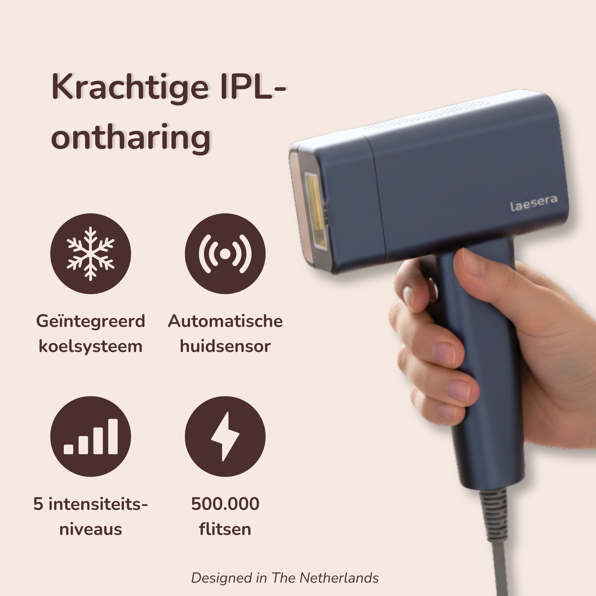 Laesera Nova One IPL-ontharingsapparaat met geïntegreerd koelsysteem, automatische huidsensor en 5 intensiteitsniveaus.