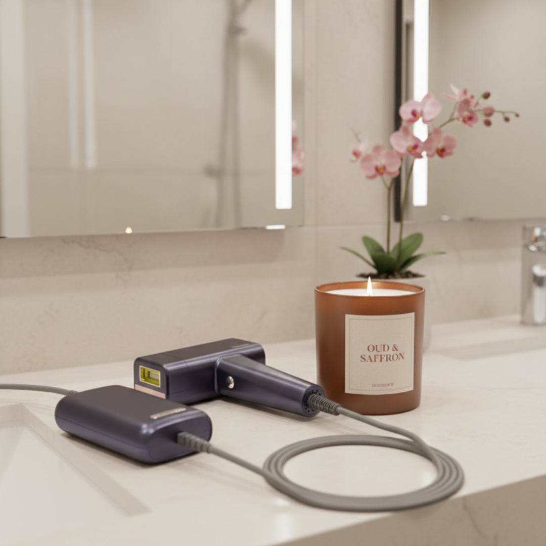 Laesera Nova One IPL-ontharingsapparaat naast een brandende geurkaars op een badmeubel, in een rustige badkameromgeving
