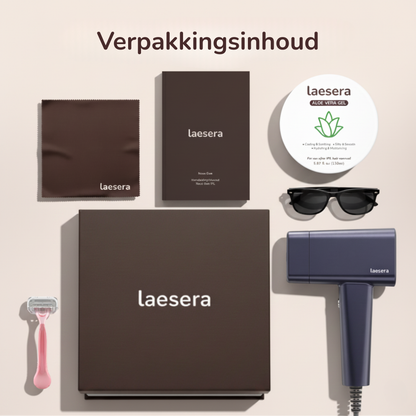 Verpakkingsinhoud Laesera Nova One IPL – doos met IPL-apparaat, beschermbril, scheermes, Aloe Vera Gel, handleiding en reinigingsdoekje, compleet voor veilig thuisgebruik.