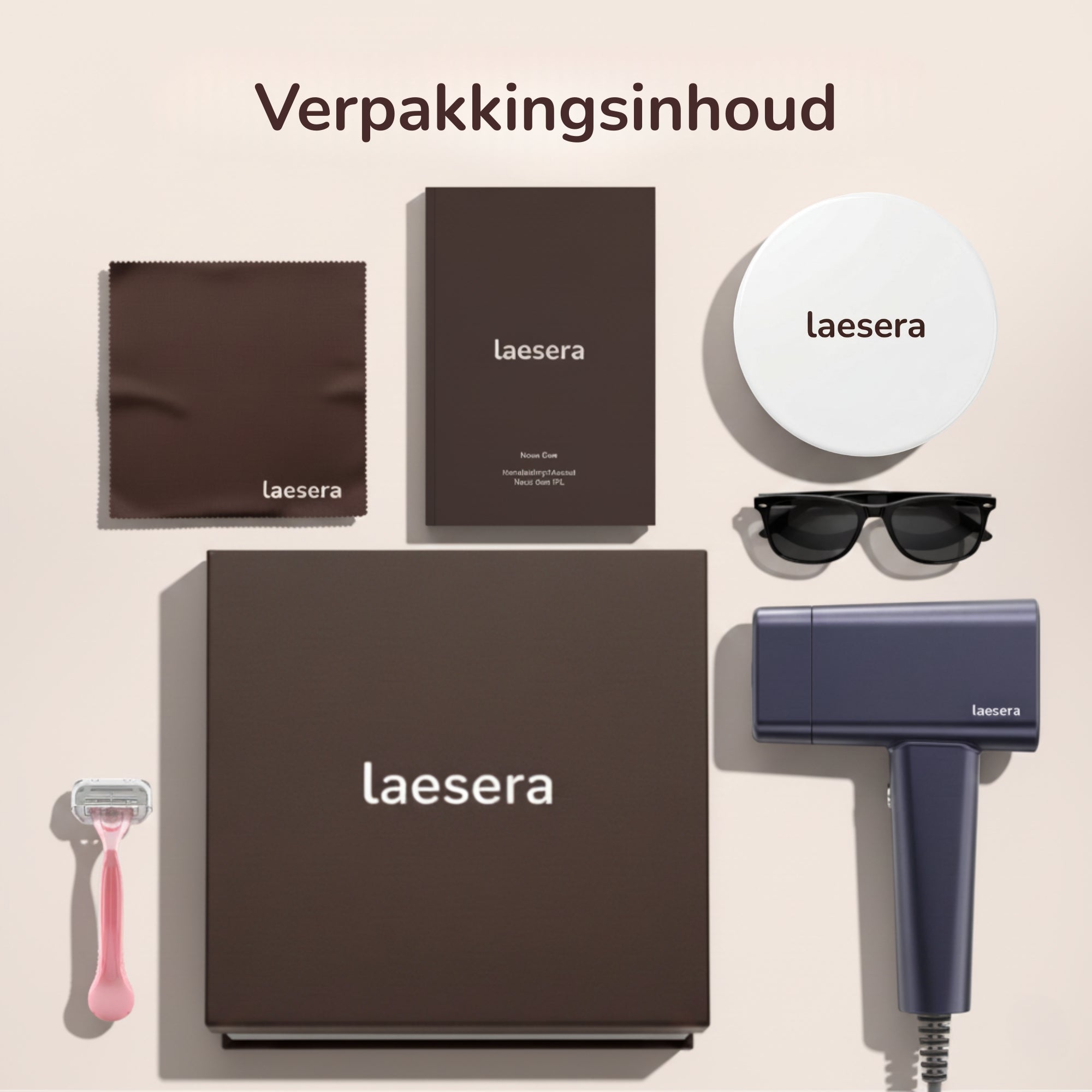 Inhoud van Laesera Nova One IPL set met apparaat, accessoires en verpakking