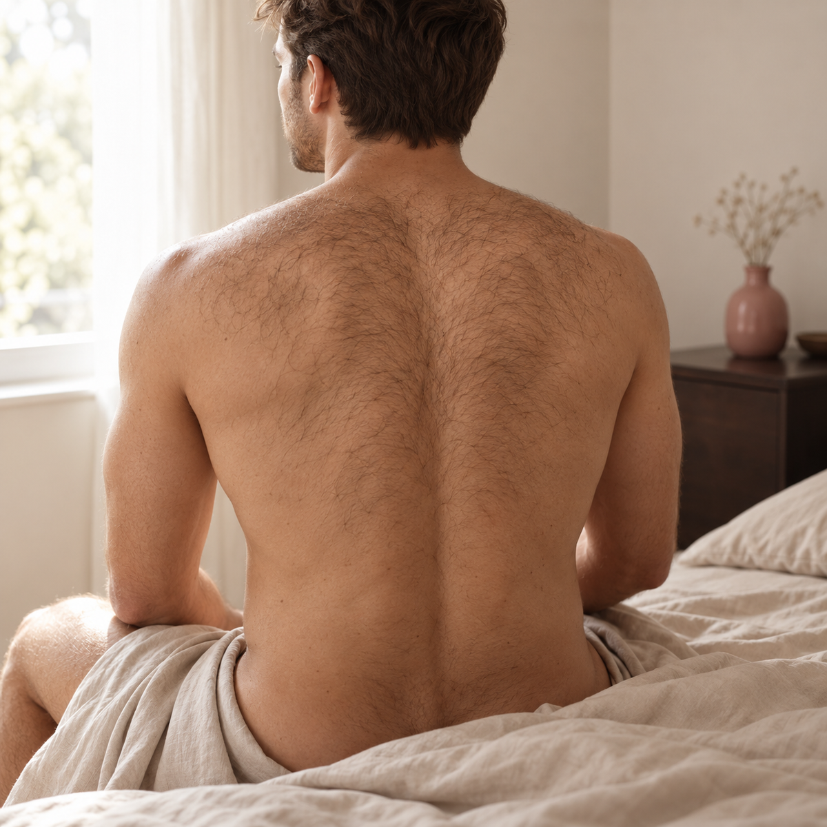 Man op bed van achteren gezien met donker haar op schouders en bovenrug