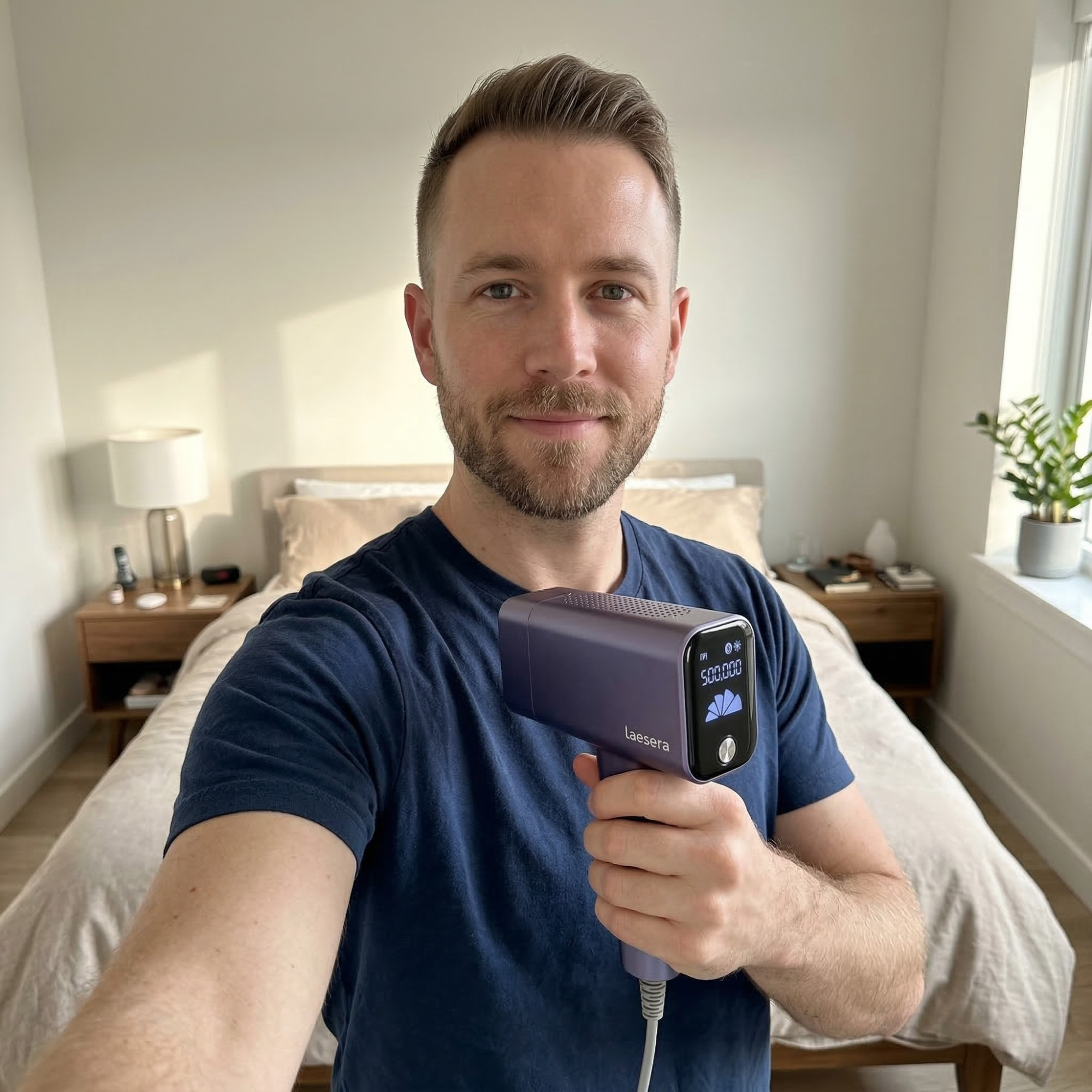 Man gebruikt laserontharing apparaat van Laesera thuis in slaapkamer