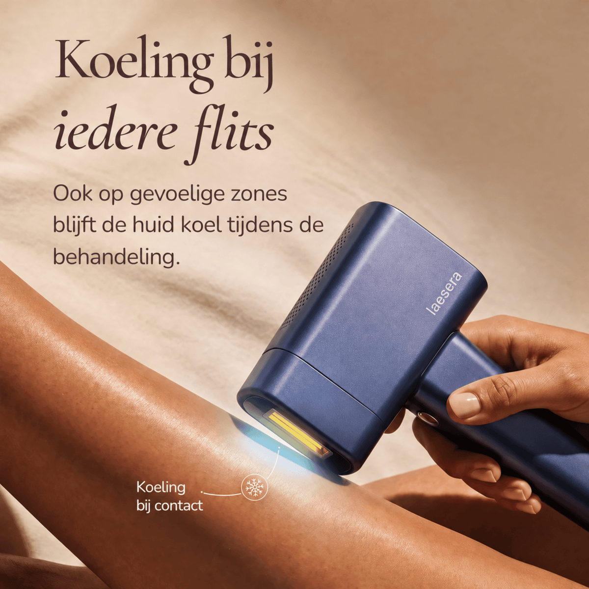 Nova One IPL op een onderbeen met koeling bij contact; tekst: Koeling bij iedere flits