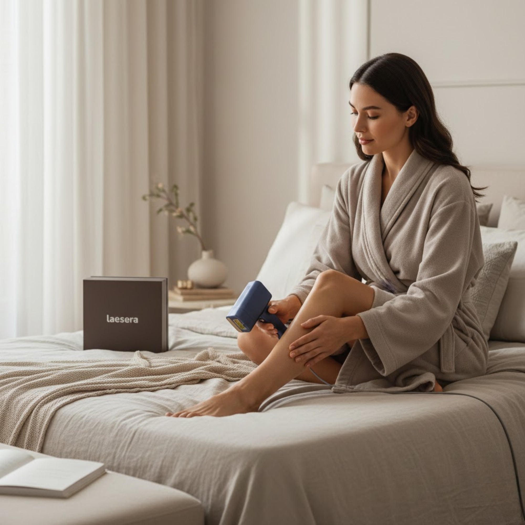 Een vrouw in een badjas zit op een bed en gebruikt het Nova One IPL-apparaat voor een pijnloze ontharing van haar benen in een luxe slaapkameromgeving.