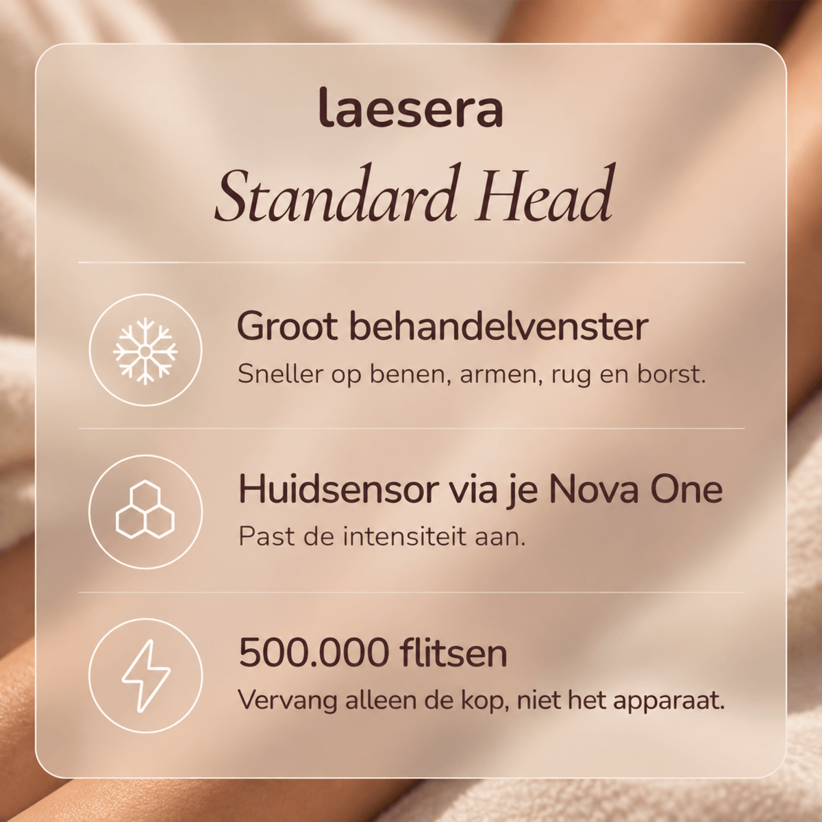 Overzicht Laesera Standard Head: groot behandelvenster voor benen, armen, rug en borst, huidsensor via de Nova One IPL, 500.000 flitsen per kop